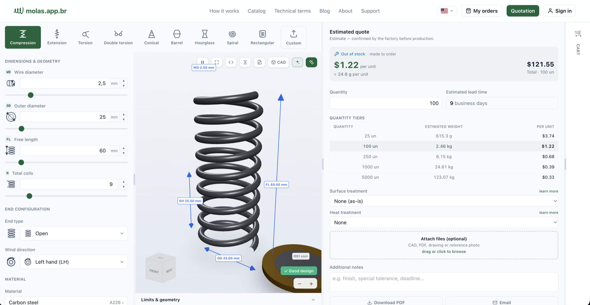 Der Angebots-Arbeitsbereich von Springs3d: eine 3D-Druckfeder mit sofortiger Stückpreisberechnung, Mengenstaffeln und Lieferzeit.