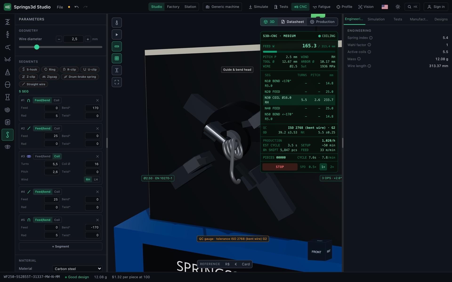 Der digitale Zwilling der nockenlosen CNC-Drahtbiegemaschine führt Ihr Programm aus: Werkzeugarme, Drehachse und ein Live-Bedienpult